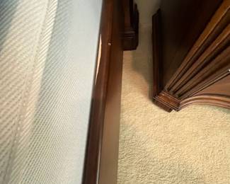 R98 - $750. King Size Bed Frame (maybe Ethan Allen) Measures 87" wide x 94" long x 72" tall. Includes mattress & boxspring if you'd like them! Wear on the footboard knobs. 