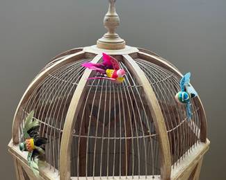 R115 - $50. Large Decorative Birdcage. Wood and Wire. Measures 21" d x 36.5" tall.