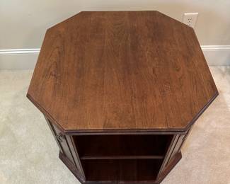 R31 - $45. Wooden End Table - Solid Cherry by Harden. Measures 25" x 23.5" tall.  There is a split in the wood on the bottom that does not effect function or stability!