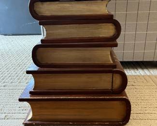 R94 - $475. Maitland Smith Book Side Table. Very good condition! Measures 16" x 18" x 19" tall. Top opens and Drawer slides out near the bottom. 