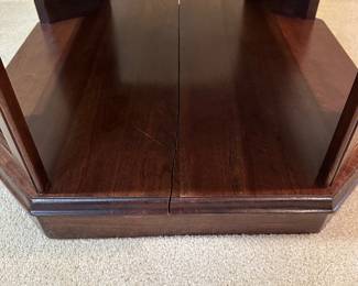 R31 - $45. Wooden End Table - Solid Cherry by Harden. Measures 25" x 23.5" tall.  There is a split in the wood on the bottom that does not effect function or stability!
