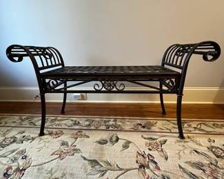 R108 - $95. Metal Bench with woven metal seat. Measures 47" wide x 17" deep x 25" tall. 