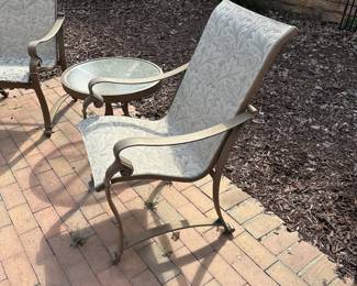 R45 - $450. Set includes 2 arm chairs, 1 glider & 2 side tables. Winston Furniture Brand. They have been stored outside but are not weathered looking!