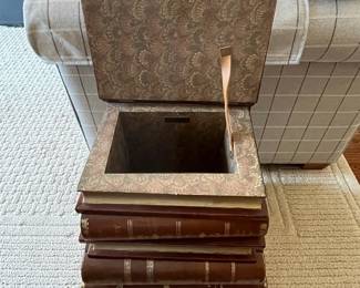 R94 - $475. Maitland Smith Book Side Table. Very good condition! Measures 16" x 18" x 19" tall. Top opens and Drawer slides out near the bottom. 