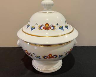 R123 - $450.  "Farmers Rose" China. Porsgrund Norway. 1997. Scalloped, Gold Trim. Includes: 12 Cake Plates - 8.5", 12 Cups, 12 Saucers- 5.5", 1 Cream and Sugar, 1 Coffee Pot, 1 Soup Tureen