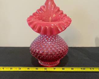 R53 - $30. Vintage Fenton Cranberry Hobnail Jack-in-the-Pulpit Vase. Measures 8.5" tall.