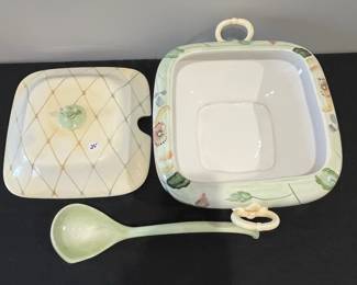 R20 - $25. Tracy Porter Hand Painted. Soup Tureen with Ladle. 11" x 10". "Evelyn". Ladle has small chip on the handle. 