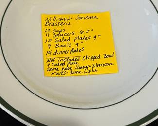 R75 - $250. Williams Sonoma Brasserie. (Does have crazing and signs of use on most pieces especially plates.)