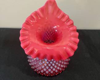 R53 - $30. Vintage Fenton Cranberry Hobnail Jack-in-the-Pulpit Vase. Measures 8.5" tall.