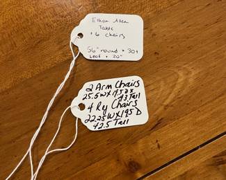 R114 - $450. Ethan Allen Table & Chairs. Measures 56" round x 30" tall. Has 1 leaf that adds 20". Table is very sturdy and in very good condition. Chairs have been heavily used and need reupholstered / tightened up. 