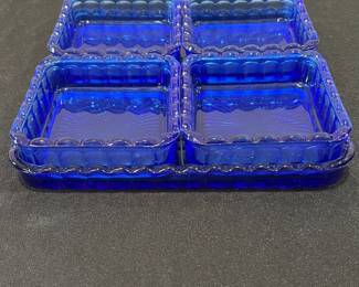 R72 - $25. Vintage Cobalt Glass Sunburst Relish/ Snack Set. 