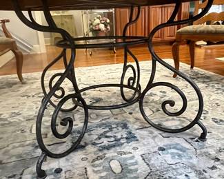 R114 - $450. Ethan Allen Table & Chairs. Measures 56" round x 30" tall. Has 1 leaf that adds 20". Table is very sturdy and in very good condition. Chairs have been heavily used and need reupholstered / tightened up. 