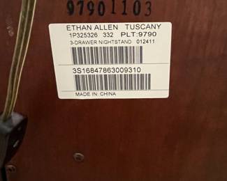 R100 - $550 - PAIR of Ethan Allen, Tuscany 3 Drawer Nightstands. Each measures 33.5" x 18" x 30" tall. All drawers slide. Minor surface marks - overall very good condition!