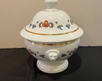 R123 - $450.  "Farmers Rose" China. Porsgrund Norway. 1997. Scalloped, Gold Trim.Includes: 12 Cake Plates - 8.5", 12 Cups, 12 Saucers- 5.5", 1 Cream and Sugar, 1 Coffee Pot, 1 Soup Tureen  