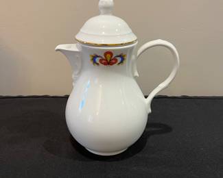R123 - $450.  "Farmers Rose" China. Porsgrund Norway. 1997. Scalloped, Gold Trim. Includes: 12 Cake Plates - 8.5", 12 Cups, 12 Saucers- 5.5", 1 Cream and Sugar, 1 Coffee Pot, 1 Soup Tureen 