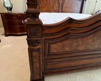 R98 - $750. King Size Bed Frame (maybe Ethan Allen) Measures 87" wide x 94" long x 72" tall. Includes mattress & boxspring if you'd like them! Wear on the footboard knobs. 