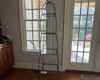 R93 - $250. Regency Twisted Metal Rope Iron & Glass Etagere. Measures 18" square x 79" tall. 