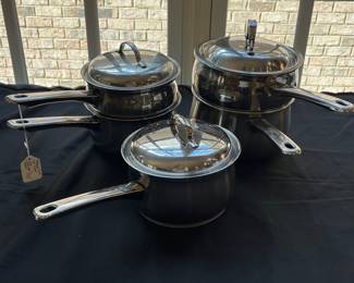 R92 - $50. Set of Belgique Pots. 2qt Double Broiler, 2qt Pot w/lid, Larger Steamer(size unknown)