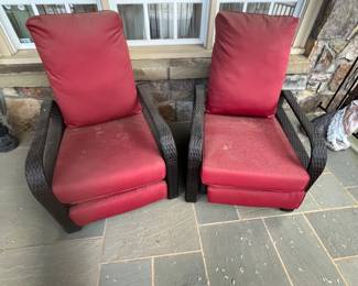 R116 - $200 PAIR.  ART Art To Real Adjustable Ratan Reclining Lounge Chairs. On the covered front porch and will look much better when the pollen is off of them! Measures 29.75" x 32.75" x 38" tall. 