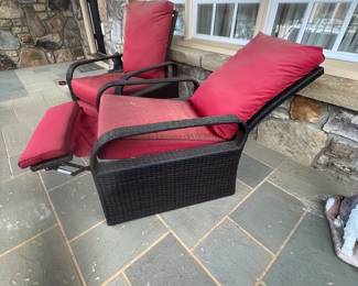 R116 - $200 PAIR.  ART Art To Real Adjustable Ratan Reclining Lounge Chairs. On the covered front porch and will look much better when the pollen is off of them! Measures 29.75" x 32.75" x 38" tall. 