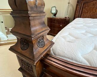 R98 - $750. King Size Bed Frame (maybe Ethan Allen) Measures 87" wide x 94" long x 72" tall. Includes mattress & boxspring if you'd like them! Wear on the footboard knobs. 