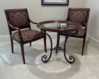 R26 - $95. Small Game Table / Side Table with 2 Ethan Allen Arm Chairs. Table has heavy iron base. Measures 30" wide x 27.5" tall. 