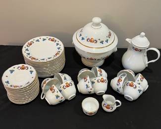 R123 - $450.  "Farmers Rose" China. Porsgrund Norway. 1997. Scalloped, Gold Trim. Includes: 12 Cake Plates - 8.5", 12 Cups, 12 Saucers- 5.5", 1 Cream and Sugar, 1 Coffee Pot, 1 Soup Tureen
