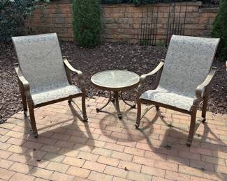 R45 - $450. Set includes 2 arm chairs, 1 glider & 2 side tables. Winston Furniture Brand. They have been stored outside but are not weathered looking!