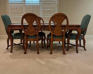 R1 - $1,450. Henredon Table with 6 Chairs. 2 Captains chairs / 4 regulars. Table Measures 76.5" x 44" x 30" tall.  2 leaves - Each leaf adds 20". Has table pads. 