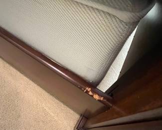 R98 - $750. King Size Bed Frame (maybe Ethan Allen) Measures 87" wide x 94" long x 72" tall. Includes mattress & boxspring if you'd like them! Wear on the footboard knobs. 