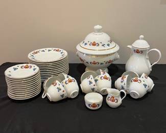 R123 - $450.  "Farmers Rose" China. Porsgrund Norway. 1997. Scalloped, Gold Trim. Includes: 12 Cake Plates - 8.5", 12 Cups, 12 Saucers- 5.5", 1 Cream and Sugar, 1 Coffee Pot, 1 Soup Tureen.