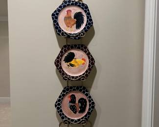 R33 - $20. Set of 3, Handpainted Ceramic Decorative Chicken Plates with holder. 