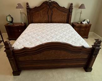 R98 - $750. King Size Bed Frame (maybe Ethan Allen) Measures 87" wide x 94" long x 72" tall. Includes mattress & boxspring if you'd like them! Wear on the footboard knobs. 