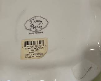 R20 - $25. Tracy Porter Hand Painted. Soup Tureen with Ladle. 11" x 10". "Evelyn". Ladle has small chip on the handle. 