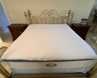 R15 - $550. Wesley Allen King Size Brass Bed. Measures 86" wide x 88" long x 56" tall. Mattress & Boxspring included if you want them!