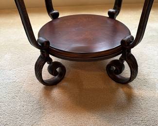 R30 - $40. Round Side Table with Iron Base, wood & glass top.  Measures 28" across x 24" tall. 