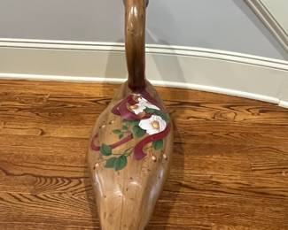 R79 - $150. Wooden Folk Art Goose. Hand painted and Signed "Anne Mondejar". Measures 30" long x 19" tall. 