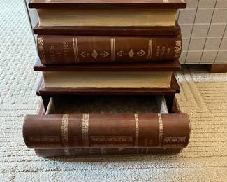 R94 - $475. Maitland Smith Book Side Table. Very good condition! Measures 16" x 18" x 19" tall. Top opens and Drawer slides out near the bottom. 