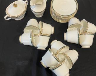 R65 - $80. Royal Doulton Forsyth Bone China. 12 Teacups, 11 Saucers, 1 Cream & Sugar. 