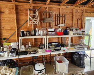 pans, kitchen gadgets, glassware