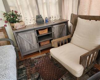 gray modern tv stand cabinet or display cabinet, oversized chair