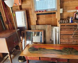 Domestic  sewing machine in cabinet,  floor lamp, coffee table with farm scene