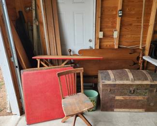 full bed frame, vintage card tables, vintage trunk, 