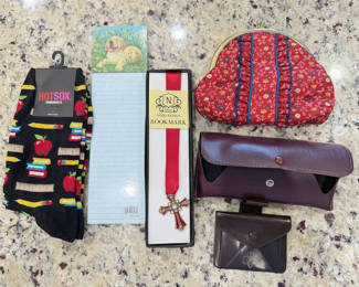 Lot 5: Lot of Novelty Socks, Bookmark, Eyeglasses with Cases & Small Pouches