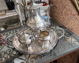 Silver on copper Tea Set w/ platter 
