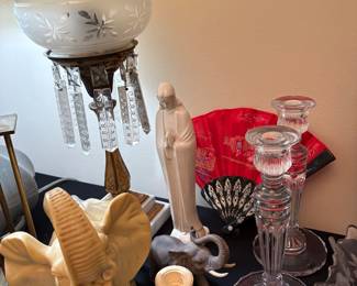 Brass/crystal oil lamp/ Vtg Hummel praying Mary/vtg elephants 