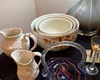 Halls Bowls/ Belleek Bacchus Face Pitchers & glass blown basket 