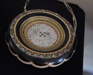 Antique Victorian era decorative basket w/ mother of pearl inlay