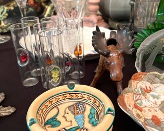 Orvieto Earthware Ashtray/ Vintage Murano Shot glasses