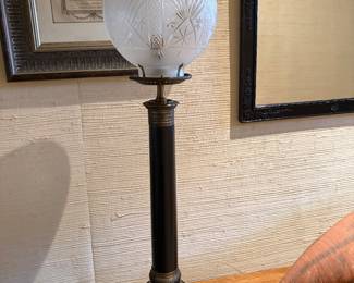 Vintage Column metal Lamp w/ Fish detail & glass globe 